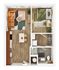 Modern one-bedroom apartment floor plan with cozy living area, stylish kitchen, and elegant bathroom.