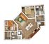 Modern floor plan featuring 2 spacious bedrooms, a cozy living area with a plush sofa, an elegant kitchen with a center island, and 2 bathrooms, perfect for stylish city living.