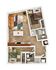 Modern 2D floor plan showcasing two cozy bedrooms, inviting living area, sleek kitchen, and two stylish bathrooms.