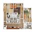 Modern floor plan showcasing three bedrooms, two bathrooms, and a cozy open-concept living and kitchen area with stylish wooden flooring.