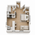 Elegant 3D floor plan with one bedroom, open kitchen with island, cozy living area, and modern bathroom layout.
