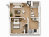 Modern one-bedroom apartment floor plan featuring an open-concept living area, compact kitchen, and private bath, perfectly designed for efficient urban living.
