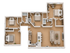 Modern 3D floor plan featuring three spacious bedrooms, an elegant open kitchen with island, a cozy living room, and dual bathrooms.