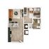 Contemporary 1-bedroom floor plan featuring a spacious living area, modern kitchen with island, cozy bedroom, and sleek bathroom.