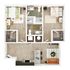 Modern floor plan featuring two cozy bedrooms, a chic open-concept living area, a sleek kitchen with an island, and two contemporary bathrooms.