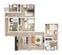 Modern 3D floor plan featuring three cozy bedrooms, open-concept living area with stylish furniture, sleek kitchen with island, and two elegant bathrooms.