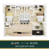 Modern 2-bedroom apartment floor plan with open kitchen, cozy living area, and sleek bathrooms. Special offer: $1,375 or $1,200 gift card.