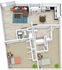 Modern apartment floor plan featuring 2 bedrooms, spacious living room with cozy seating area, open kitchen with dining space, and two well-designed bathrooms.