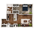 Modern 1-bedroom apartment floor plan with open-concept kitchen, cozy living room, and spacious bathroom.