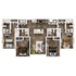 Luxurious 2D floor plan showcasing 4 bedrooms, an open living area, and a modern kitchen with an island in the center.