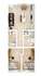 Contemporary 2D floor plan showcasing two cozy bedrooms, elegant open-plan living area, modern kitchen with island, and two luxurious bathrooms.