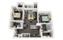 Modern apartment floor plan with 2 elegant bedrooms, spacious living area, open kitchen with island, and two bathrooms, ideal for stylish living.