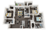Chic 3D floor plan showcasing 3 bedrooms, open-plan living and dining area, modern kitchen, and cozy balcony.