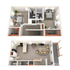 Charming two-story floor plan showcasing 2 bedrooms, a modern open-concept kitchen, inviting living area, and private deck space.