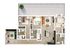 Modern 3-bedroom apartment floor plan with open-concept living area, elegant kitchen island, and spacious balcony.