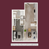 Modern one-bedroom apartment floor plan with open-layout living and dining area, stylish kitchen, and compact bathroom.