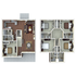 Elegant two-story floor plan featuring a spacious living room and modern kitchen on the lower level, with three cozy bedrooms and bathrooms upstairs.