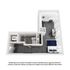 Modern L-shaped apartment floor plan featuring a cozy bedroom, sleek kitchen with large windows, and a stylish bathroom with washer and dryer area.