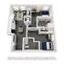 Modern 3D floor plan showcasing a spacious two-bedroom apartment with an open-concept kitchen and living area, stylish bathroom, and convenient workspace, ideal for contemporary living.