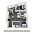Modern 3D floor plan showcasing a stylish apartment with 2 bedrooms, a cozy living area, a well-equipped kitchen, and a functional office space.