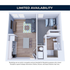 Modern 3D floor plan highlighting a cozy 1-bedroom apartment with open living area, kitchen island, and sleek bathroom.