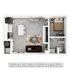 Modern studio apartment floor plan featuring an open-concept living area, compact kitchen with island dining, cozy bedroom, and a sleek bathroom.
