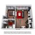 Modern 3D floor plan showcasing a cozy one-bedroom apartment with a stylish open-concept living and dining area, a sleek kitchen, and a compact bathroom. Elegant interior design highlights include wood flooring and contemporary furnishings.