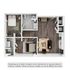 Modern 2D floor plan showcasing 2 bedrooms, 2 bathrooms, an open living area, and a contemporary kitchen layout.