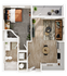 Modern open-concept floor plan featuring a cozy bedroom, spacious living area with stylish furniture, sleek kitchen, and a private balcony.
