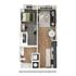 Modern 1-bedroom apartment floor plan with an inviting living room, sleek kitchen, and cozy bathroom, featuring warm wood flooring.