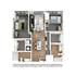 Modern 3D floor plan showcasing a stylish two-bedroom apartment with an open-concept living and dining area, contemporary kitchen, and two elegant bathrooms.