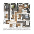 Spacious 3-bedroom apartment floor plan with modern open-concept living and dining area, sleek kitchen, and three bathrooms.