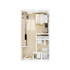 Chic studio apartment floor plan showcasing a cozy bedroom, modern kitchen, and a sleek bathroom design.
