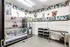 A vibrant pet wash room with colorful pet murals, equipped with modern washing facilities.