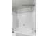 A modern white bathroom with a sleek, curved shower rod and a spotless bathtub, offering a clean and stylish design.