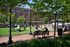 Charming public park with lush greenery, string lights, and lively gathering spaces, set against a backdrop of elegant historic architecture.