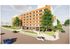 Modern apartment building with a vibrant orange facade, featuring lush green landscaping and a cozy cafe terrace, nestled in a lively urban neighborhood.