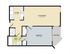 Floor plan showcasing a stylish layout with one bedroom, a spacious living/dining area, modern kitchen, and a balcony.