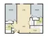 2D floor plan displaying two bedrooms, open living area, kitchen, and two baths.
