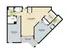 Modern floor plan featuring 2 bedrooms, expansive living/dining area, kitchen, and balcony.