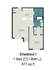 Chestnut I floor plan showcasing a spacious 1-bedroom, 1-bathroom layout with open-concept living room and kitchen, 877 sq ft.