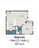 Magnolia floor plan showcasing a spacious 1-bedroom, 1-bathroom apartment with a generous living room and well-appointed kitchen, spread over 807 sq ft.