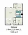 Hickory floor plan with 2 bedrooms, 2 bathrooms, an expansive living room, and modern kitchen, covering 1026 sq ft.