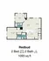 Redbud floor plan showcasing 2 bedrooms, 2 bathrooms, spacious living room, and modern kitchen in a 1093 sq ft layout.