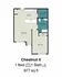 Chestnut II floor plan showcasing a cozy 1-bedroom, 1-bathroom layout with an open living room and kitchen area, including a convenient laundry room, covering 877 sq ft.