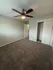 Inviting, freshly-painted bedroom featuring plush carpeting and a modern ceiling fan, perfect for a cozy retreat.