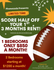 Pinewoods apartment promotion featuring limited-time offer of half off the first three months' rent. 1-bedroom units available at $850 per month with 2-bedroom options starting at $1200. Eye-catching design with football theme.