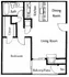 Charming floor plan featuring a cozy bedroom, modern kitchen, spacious living and dining area, plus a balcony for outdoor enjoyment.