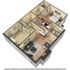 Modern 3D floor plan showcasing a cozy apartment with two bedrooms, a stylish open kitchen, and an inviting living area.
