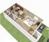 Charming 3D floor plan showcasing a modern open-concept living room, stylish kitchenette, and elegant dining area, complete with cozy outdoor patio space.